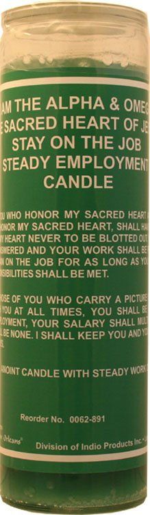 7 Sisters Of New Orleans 7 Day Glass Dressed Candle Stay On The Job, Steady Employment Sacred Heart Of Jesus - Green