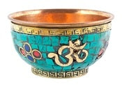 Om Symbol Copper Offering Bowl With Stone Work